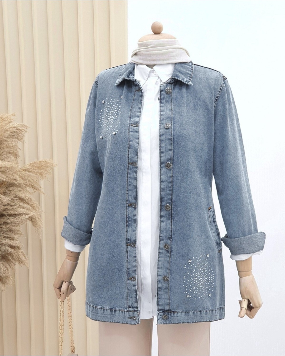 Moda Morfo Önü Taş Detaylı Çift Cepli Kot Ceket -Siyah görsel 4
