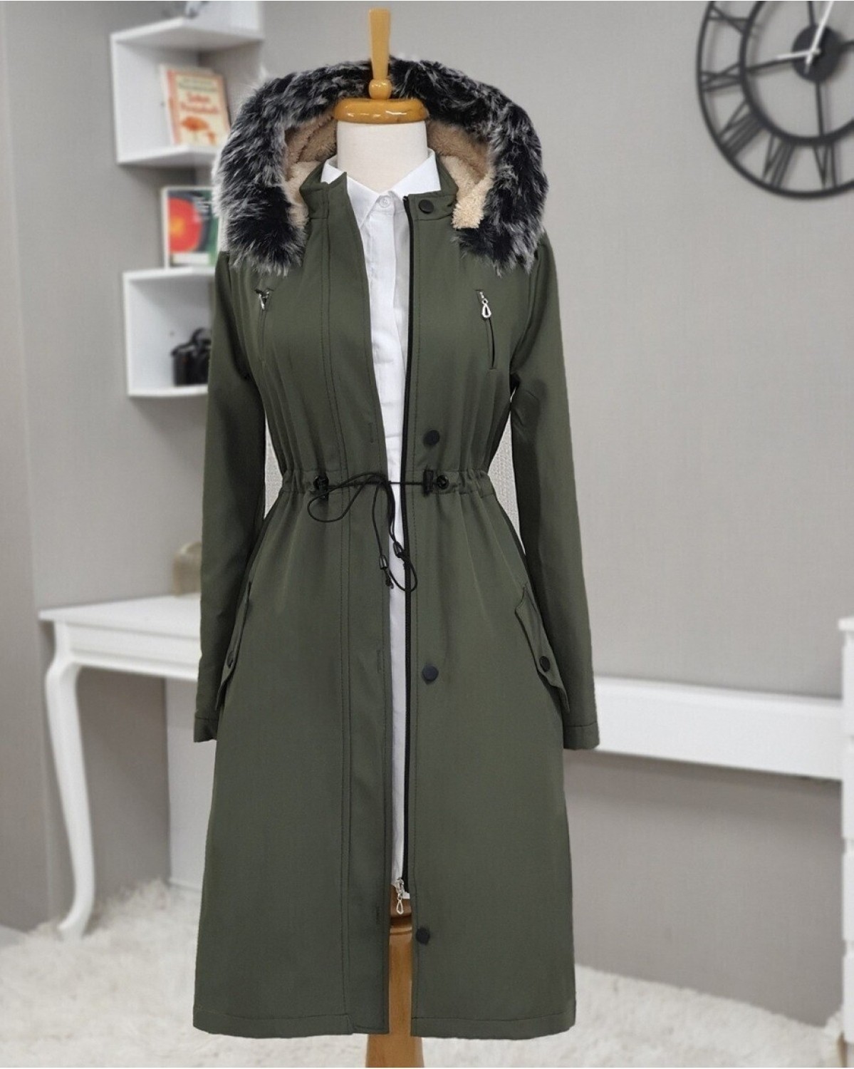 Moda Morfo Çıkma Kapşonlu Tünel Bağcıklı Kısa Kaban -Açık Vizon görsel 7