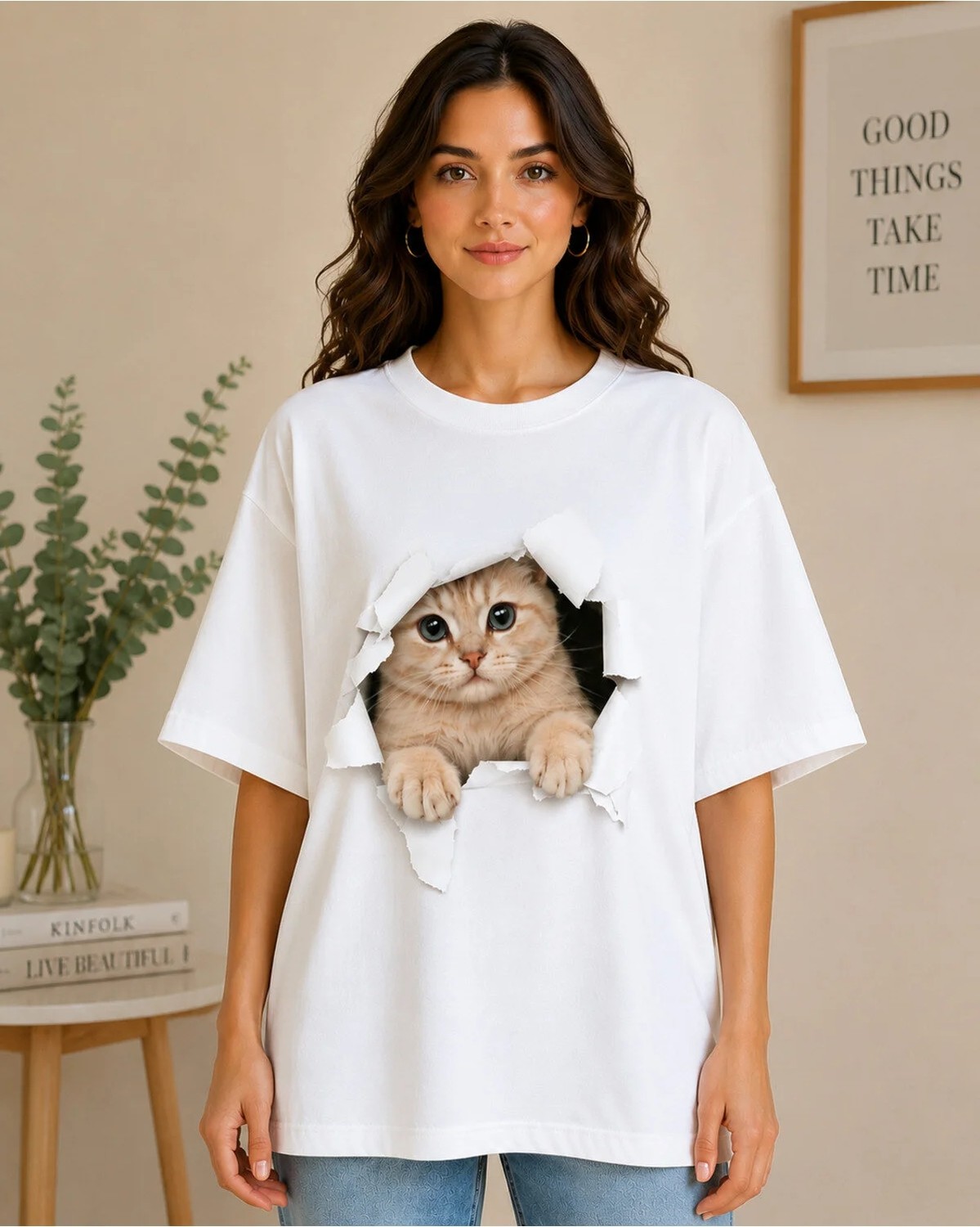 Enb1r Moda Kadın Kırmızı Oversize Kedi Baskılı Basic Tişört Yırtık Efektli Cute Cat görsel 3