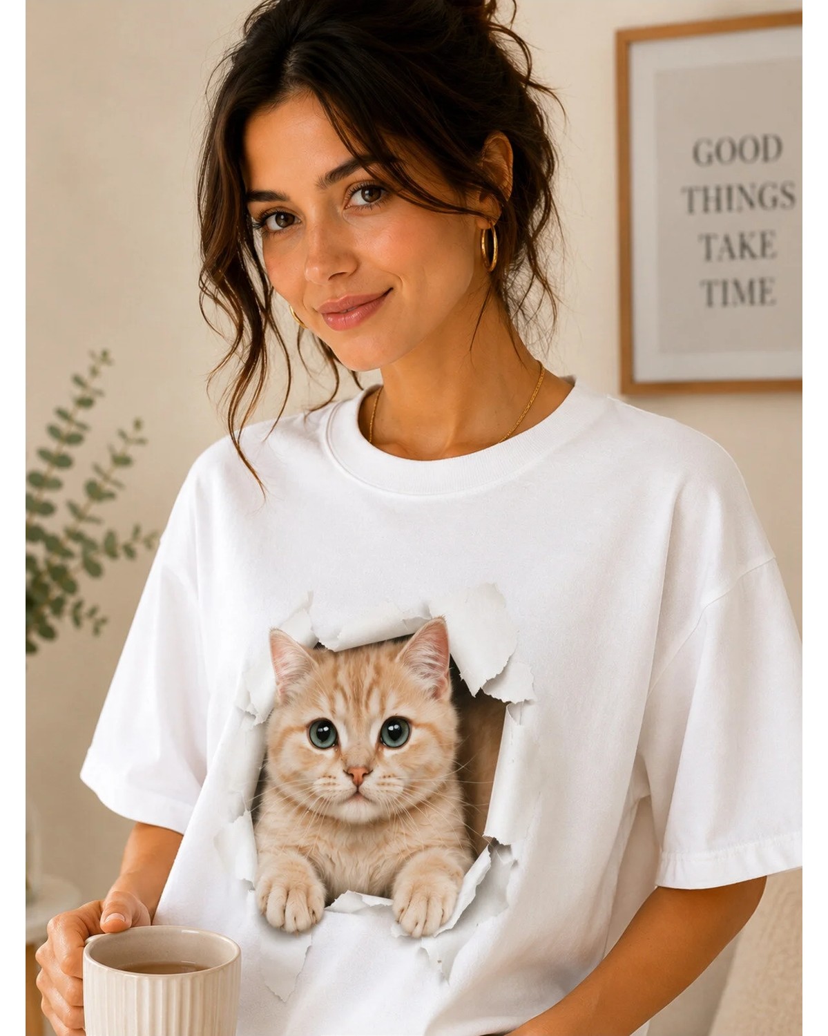 Enb1r Moda Kadın Kırmızı Oversize Kedi Baskılı Basic Tişört Yırtık Efektli Cute Cat görsel 4