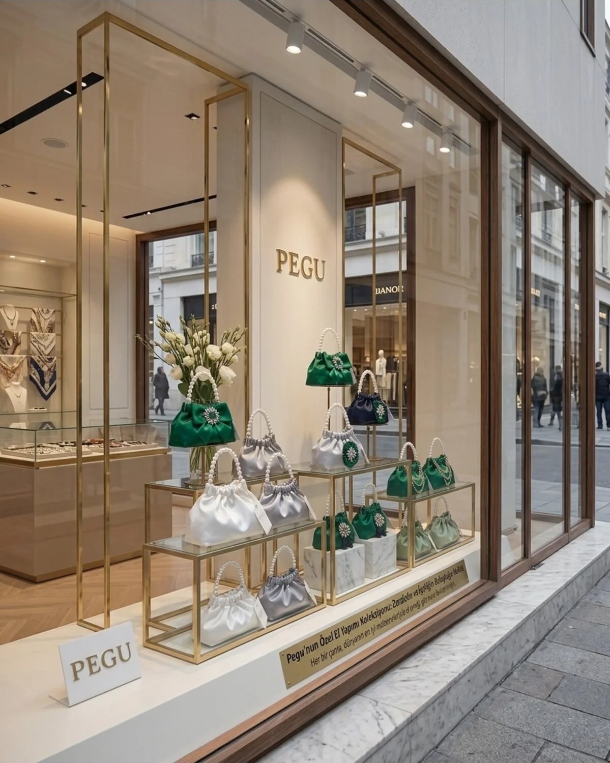 Pegu Ekru Saten Kristal Cam Taş Tasarımlıel Yapımı Inci Saplı Büzgülü Çanta , Abiye, Günlük , Davet , Kutlama ..13 görsel 2