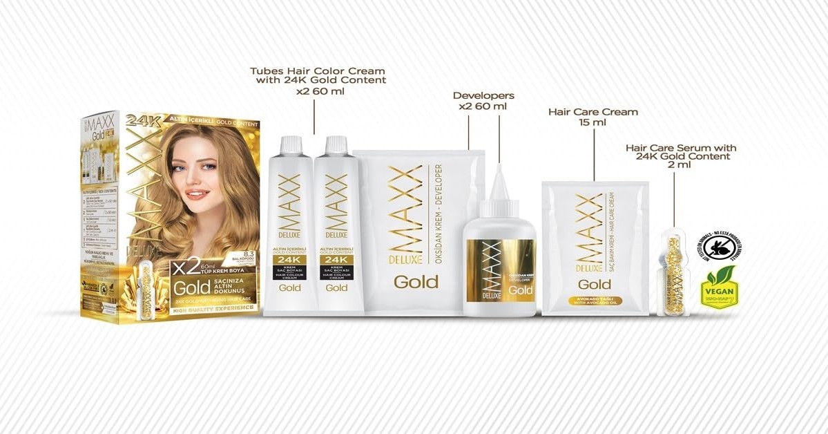 Aesco Maxx Deluxe Gold Serisi 24K Altın Parçacıklı Serum ile 1 Kutu 2 x 50 ml ve Geliştiriciler Saç Boyası (Yoğun Küllü Açık Kumral 8.11) görsel 4