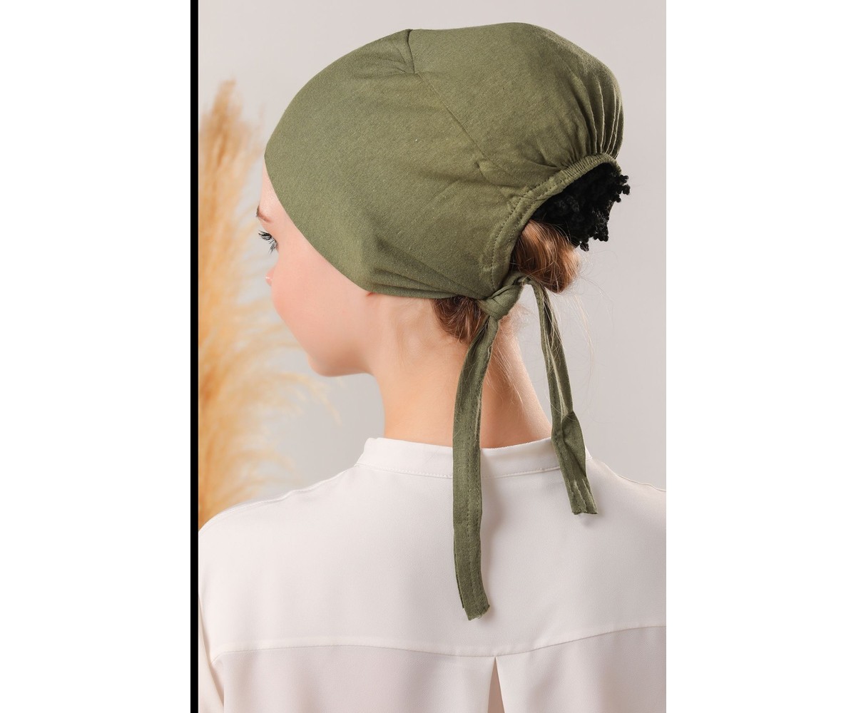 Melodi Scarf Kadın Tesettür Dikişli Set Bone Ekru 3 Adet Bağlamalı Penye Bone görsel 4