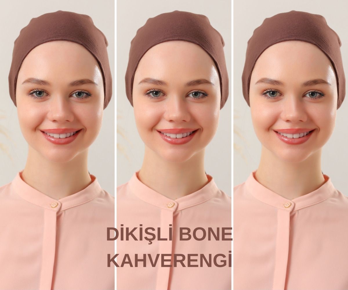 Melodi Scarf Kadın Tesettür Dikişli Set Bone Ekru 3 Adet Bağlamalı Penye Bone görsel 6
