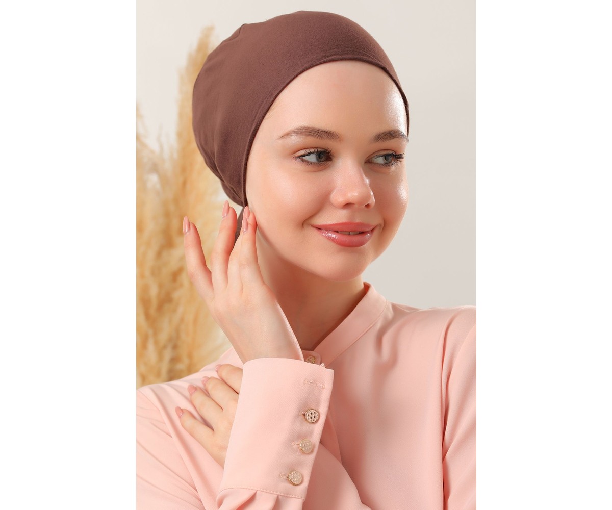 Melodi Scarf Kadın Tesettür Dikişli Set Bone Ekru 3 Adet Bağlamalı Penye Bone görsel 8