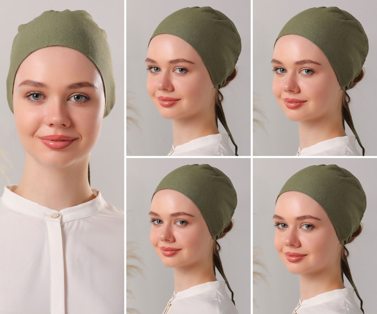 Melodi Scarf Kadın Tesettür Dikişsiz Set Bone Siyah Beyaz Ekru Lacivert Bej 5 Adet Bağlamalı Penye Bone görsel 6