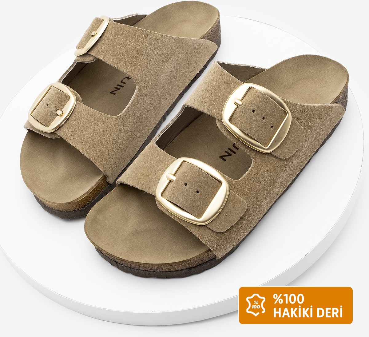 Marjin Kadın Hakiki Deri Günlük Terlik Çift Bantlı Terlik Eva Taban Poli Bej