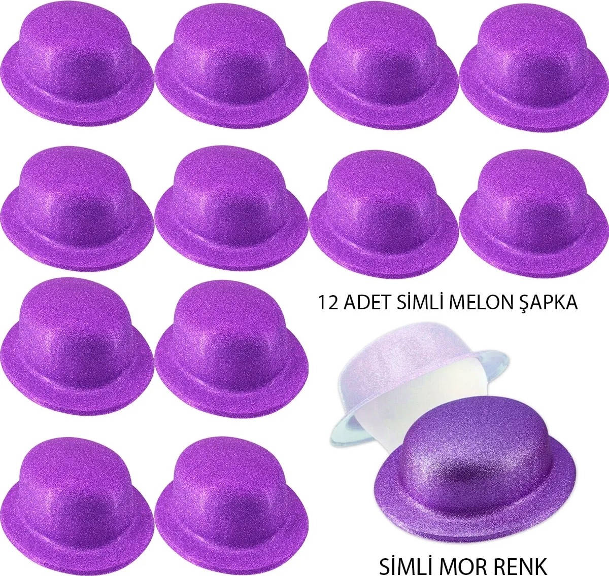 TeknoKapsül Mor Renk Simli Melon Yuvarlak Parti Şapkası 12 Adet