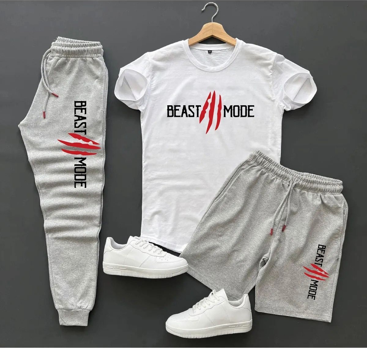 Yoho Sport 3'lü Unisex Kombin Smile Baskılı T-Shirt, Şort ve Eşorfman Kombin görsel 2
