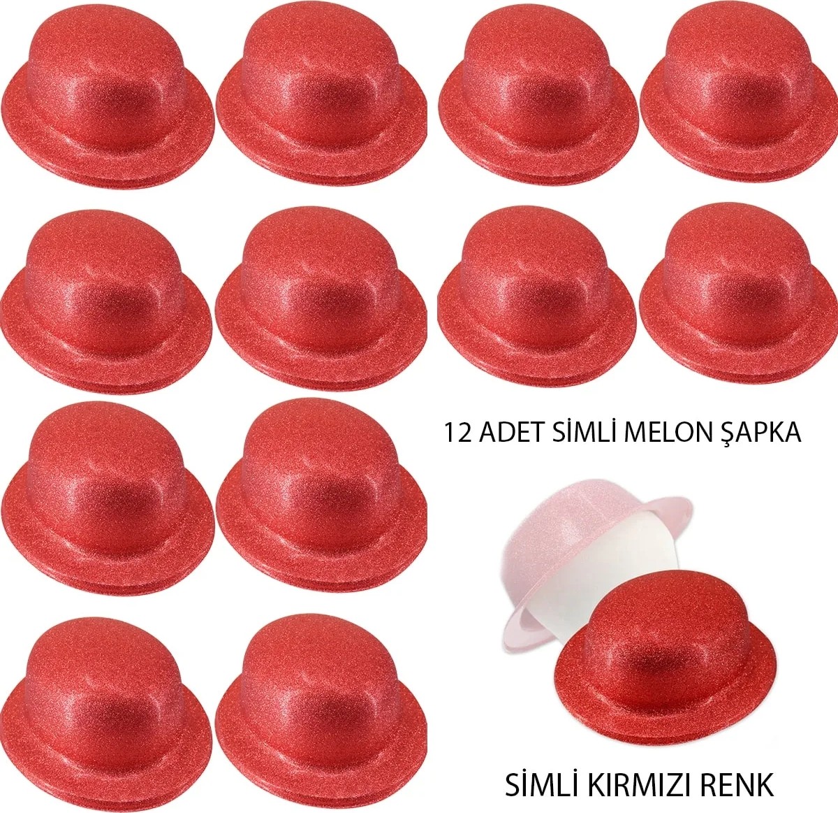 TeknoKapsül Kırmızı Renk Simli Melon Yuvarlak Parti Şapkası 12 Adet
