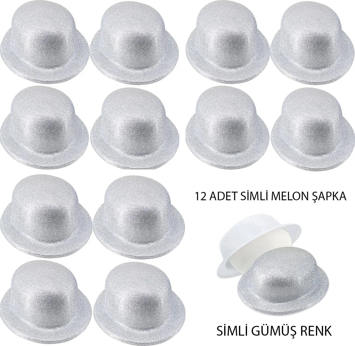 TeknoKapsül Gümüş Renk Simli Melon Yuvarlak Parti Şapkası 12 Adet