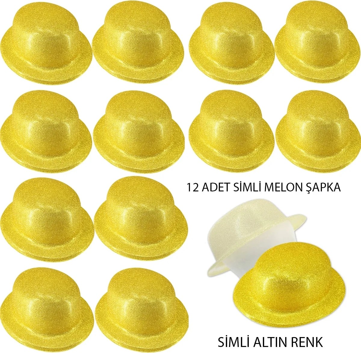 TeknoKapsül Altın Renk Simli Melon Yuvarlak Parti Şapkası 12 Adet