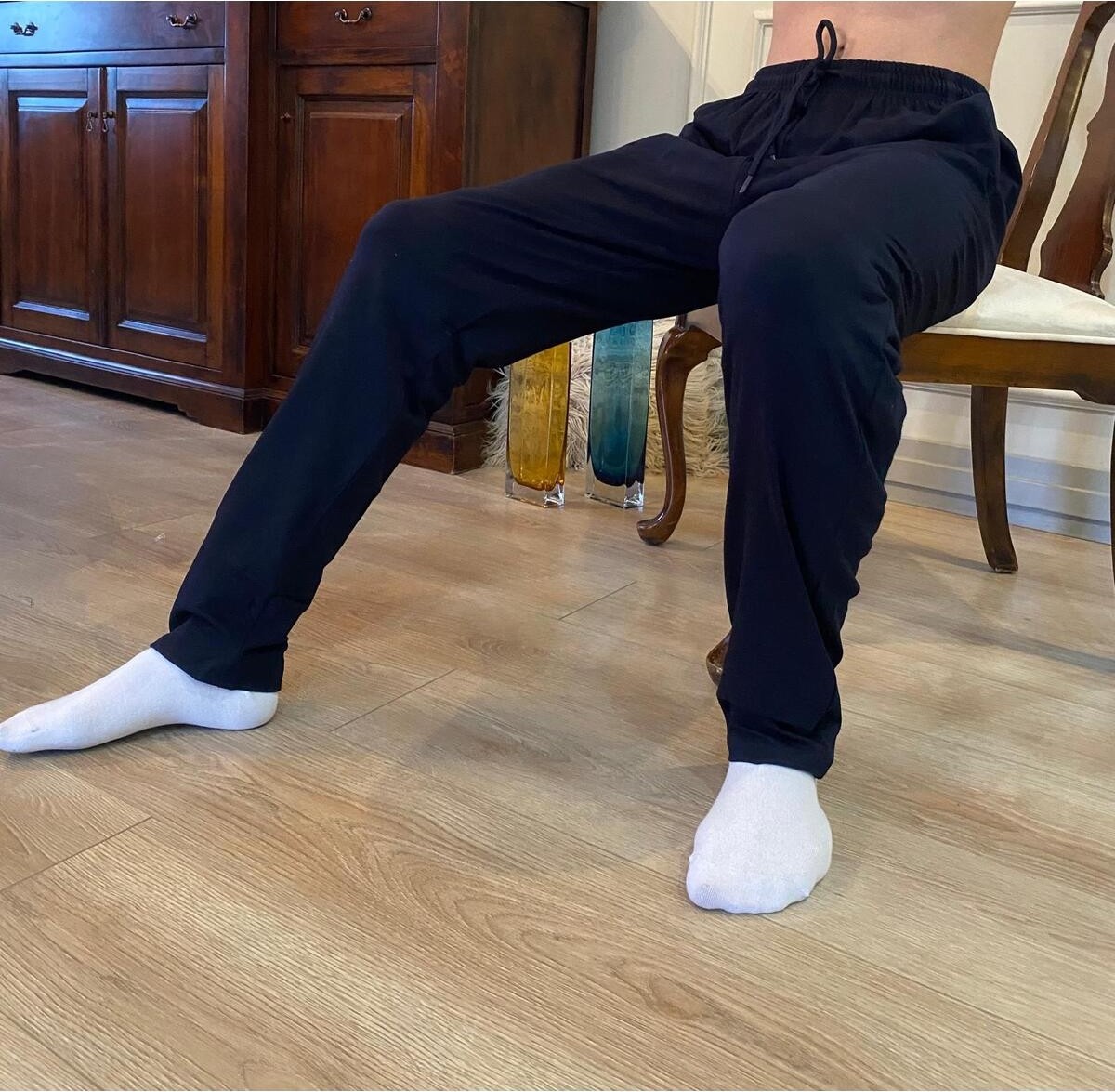 Düven Erkek Siyah Düz Paça Penye %100 Pamuklu Standart Fit Pijama Altı Normal Kesim Beli Lastikli Cepli
