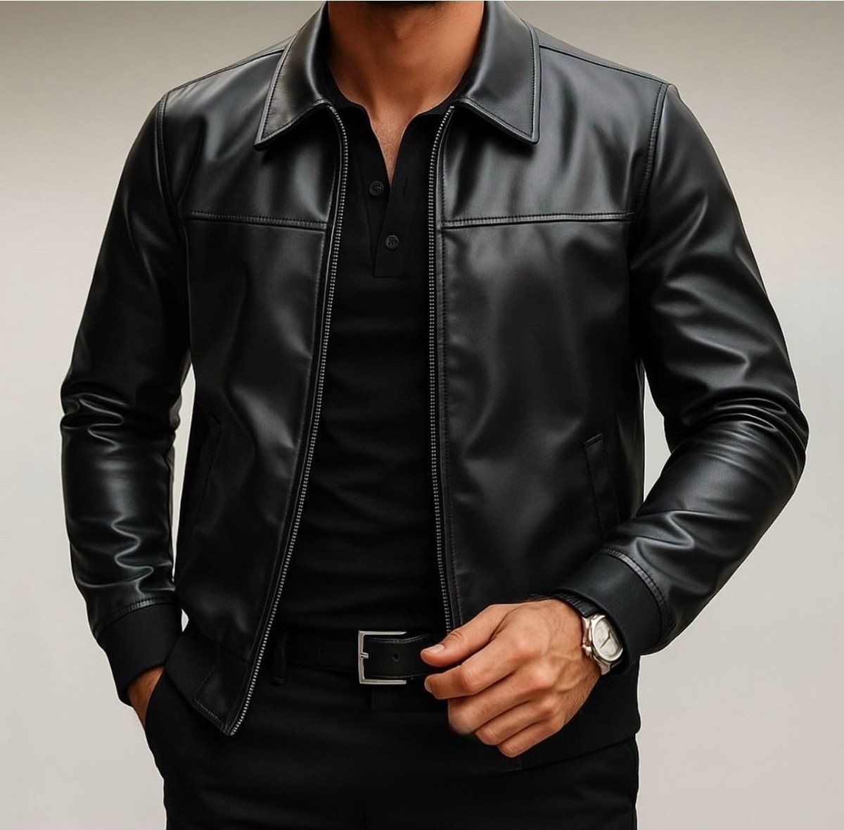 Baselco Premium Slim Fit Polo Yaka Deri Ceket Erkek Suni Deri Konforlu Kullanım Özelliği görsel 3
