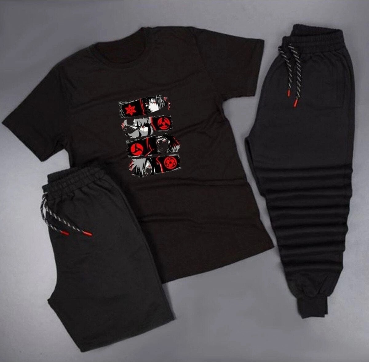Tarzsokak Anime Sharingan Baskılı Unisex Yazlık Şort - Normal Kalıp Tişört - Eşofman Altı Komb