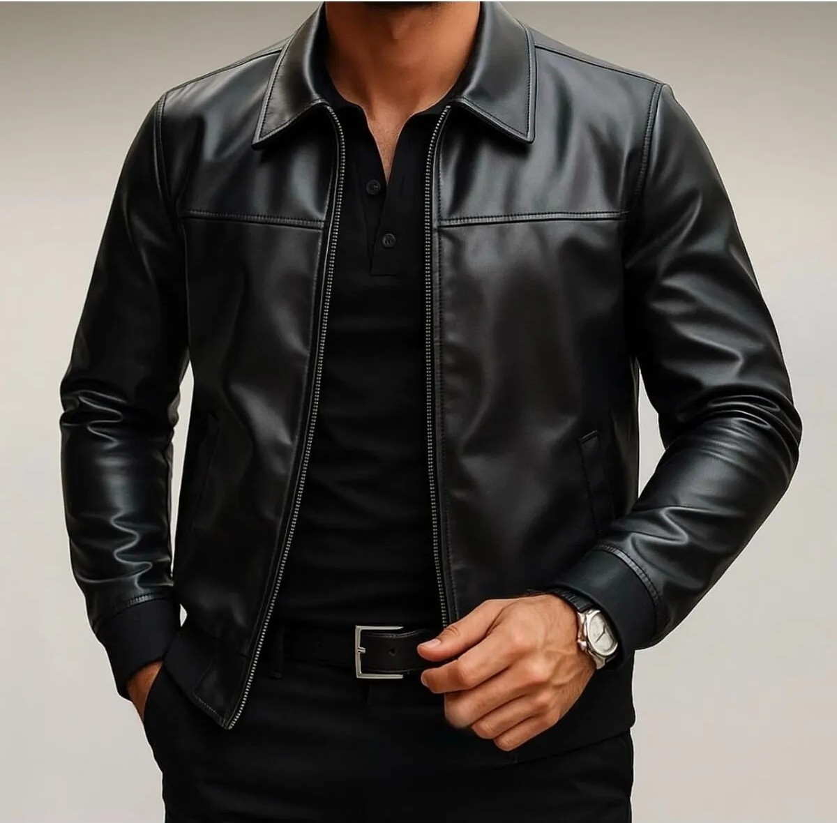 Baselco Premium Slim Fit Polo Yaka Deri Ceket Erkek Suni Deri Konforlu Kullanım Özelliği görsel 7
