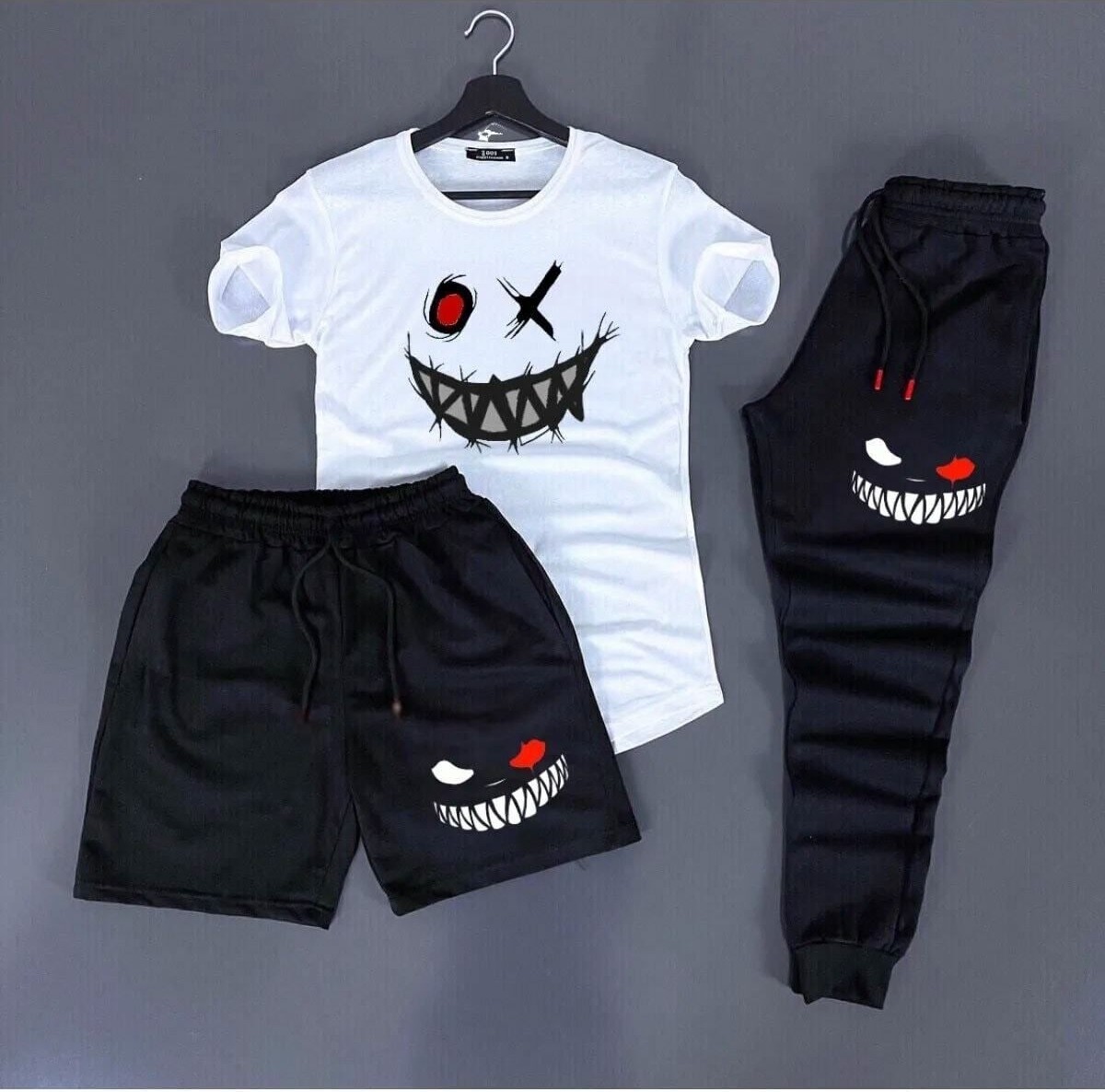 Yoho Sport 3'lü Unisex Kombin Smile Baskılı T-Shirt, Şort ve Eşorfman Kombin