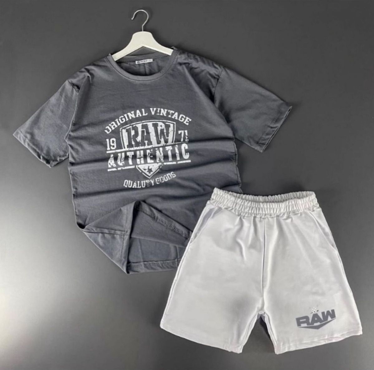 Yoho Sport Unisex Raw Baskılı Şort Tişiört Takımı ( Gri Şort Füme Tişört)