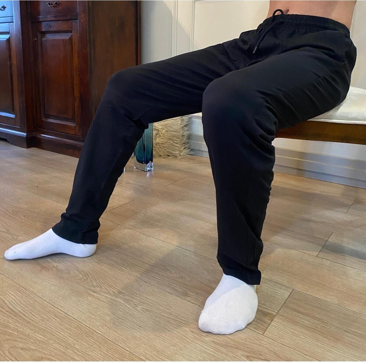 Düven Erkek Siyah Düz Paça Penye %100 Pamuklu Standart Fit Pijama Altı Normal Kesim Beli Lastikli Cepli görsel 2