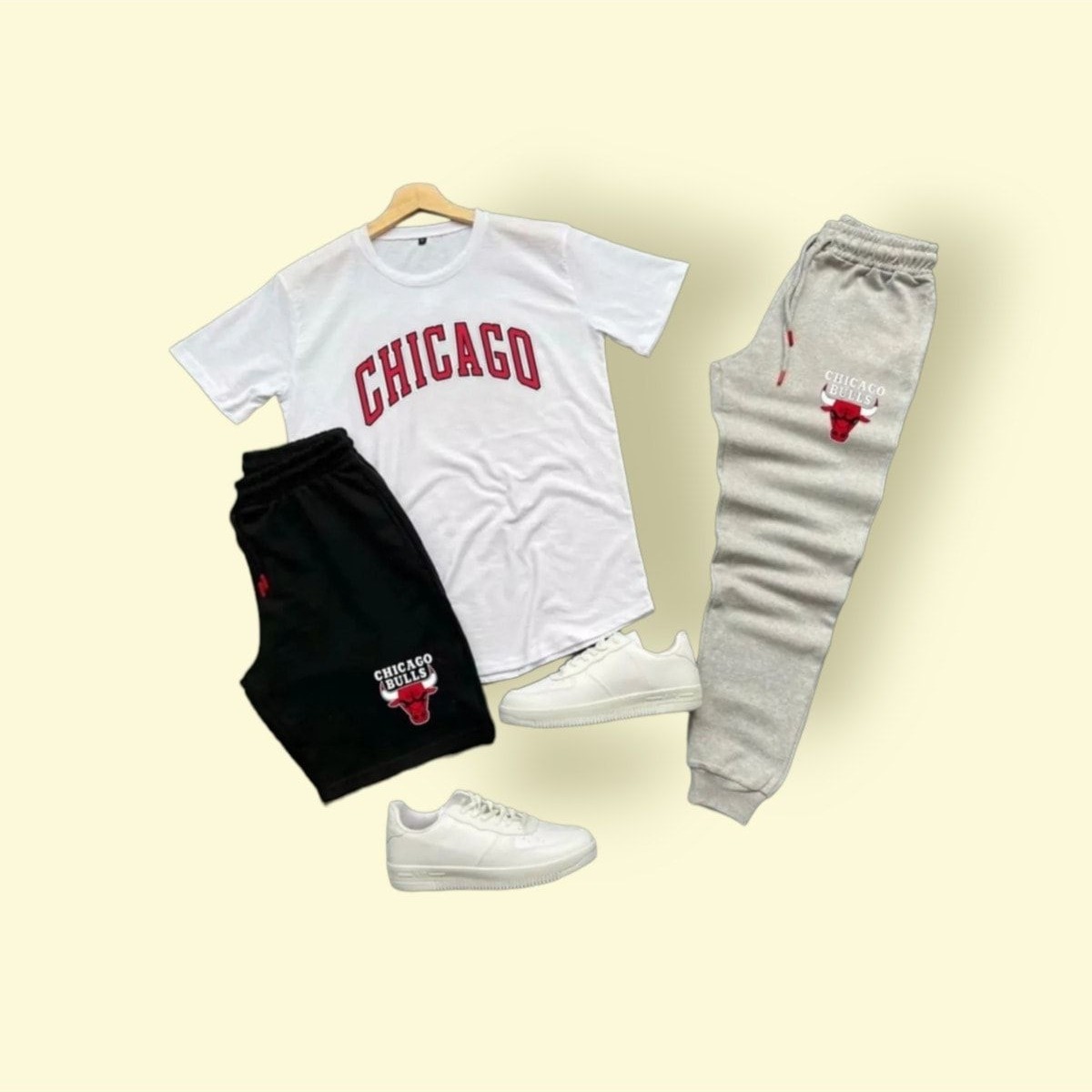 Yoho Sport Chicago Baskılı Ünisex Yazlık Şort T-Shirt Eşofman Altı 3 Lü Set Combin Takım Gri görsel 3