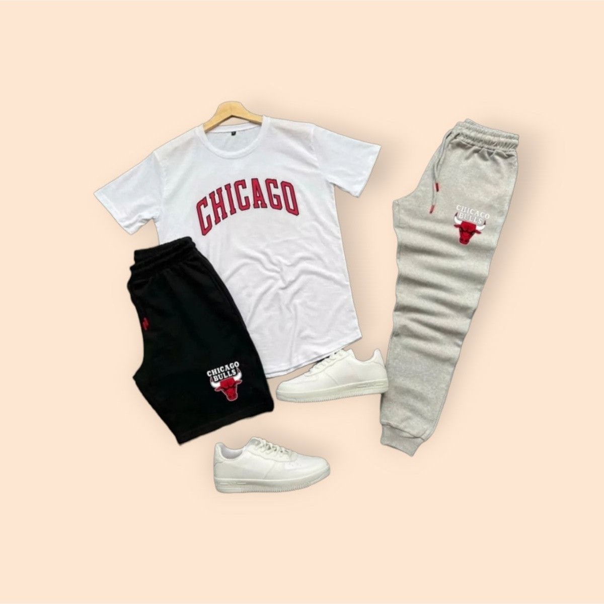 Yoho Sport Chicago Baskılı Ünisex Yazlık Şort T-Shirt Eşofman Altı 3 Lü Set Combin Takım Gri görsel 6