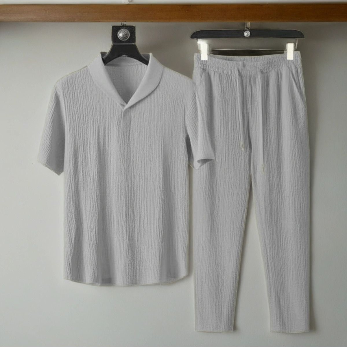 Fifty Color Alaçatı Stili Erkek Bürümcük Krinkıl Kumaş Yazlık Likralı Polo Yaka Tshirt ve Eşofman Takım Kombini
