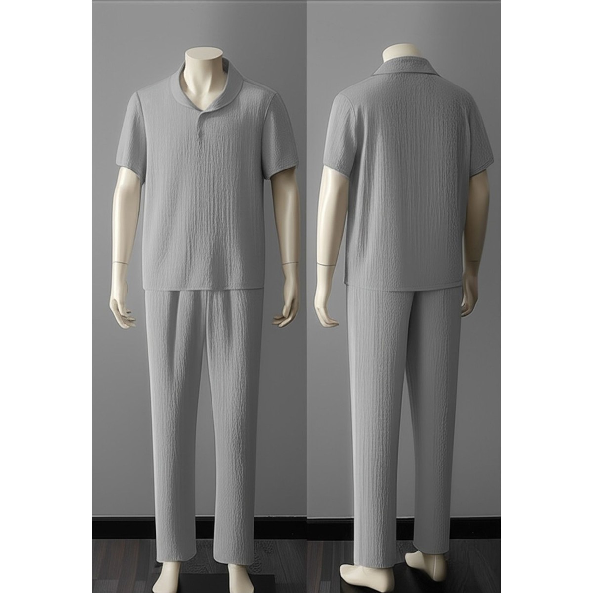 Fifty Color Alaçatı Stili Erkek Bürümcük Krinkıl Kumaş Yazlık Likralı Polo Yaka Tshirt ve Eşofman Takım Kombini görsel 4