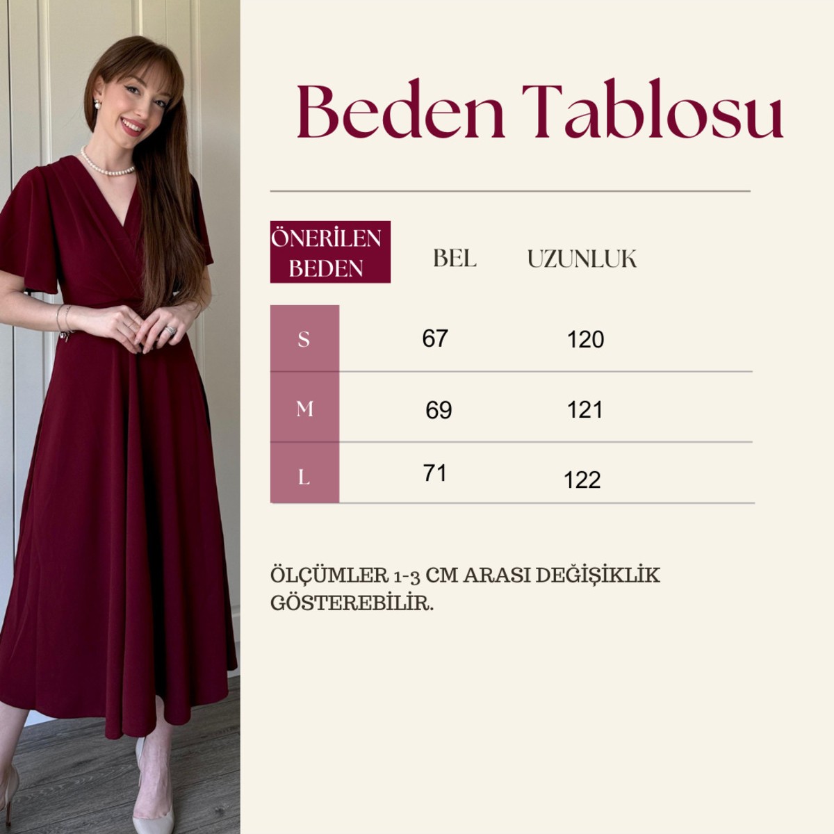 Dilay Gökoğlu Butik Kruvaze Yaka Kolları Volanlı Midi Bordo Elbise görsel 2