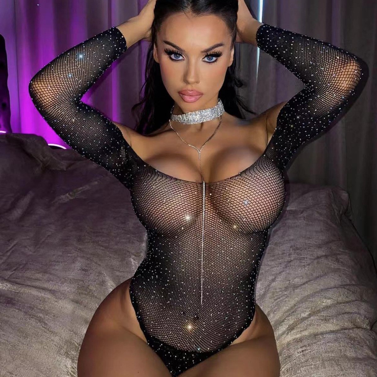 Belle Vista Kadın Göğüs Dekolteli Taşlı File BodySuit Vucut Çorabı görsel 7