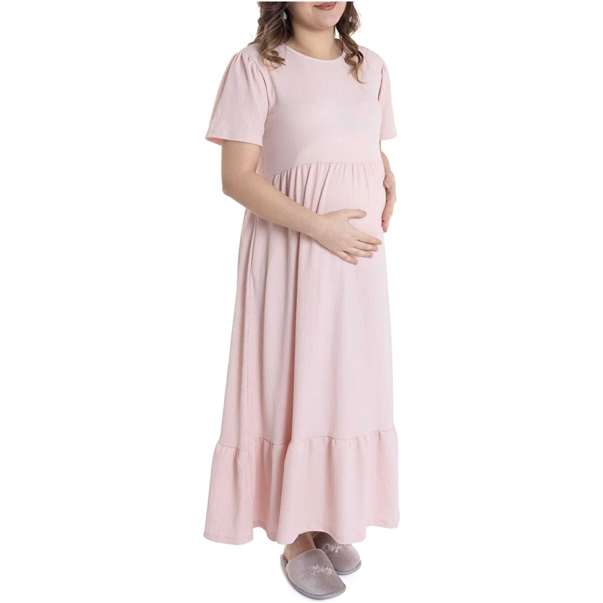 Baby Mom Anne Hamile Elbise Bisiklet Yaka Kısa Kol Patiksiz