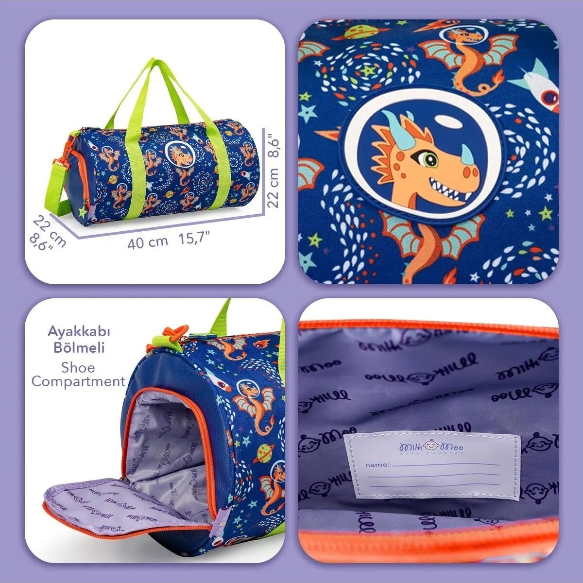 Milk&Moo Ponix Çocuk Spor Çantası Desenli Polyester Ayakkabı Bölmeli Ergonomik Tasarım görsel 6