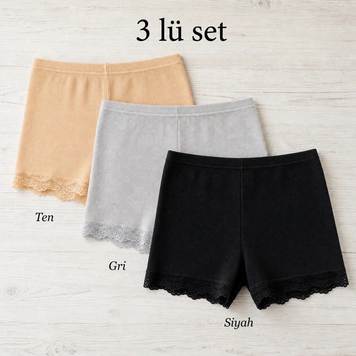 İncili Tekstil Kadın Fitilli Dantelli Boxer Külot 3'lü Set - Pamuklu Esnek Şort Külot Paket (Siyah, Ten, Beyaz)