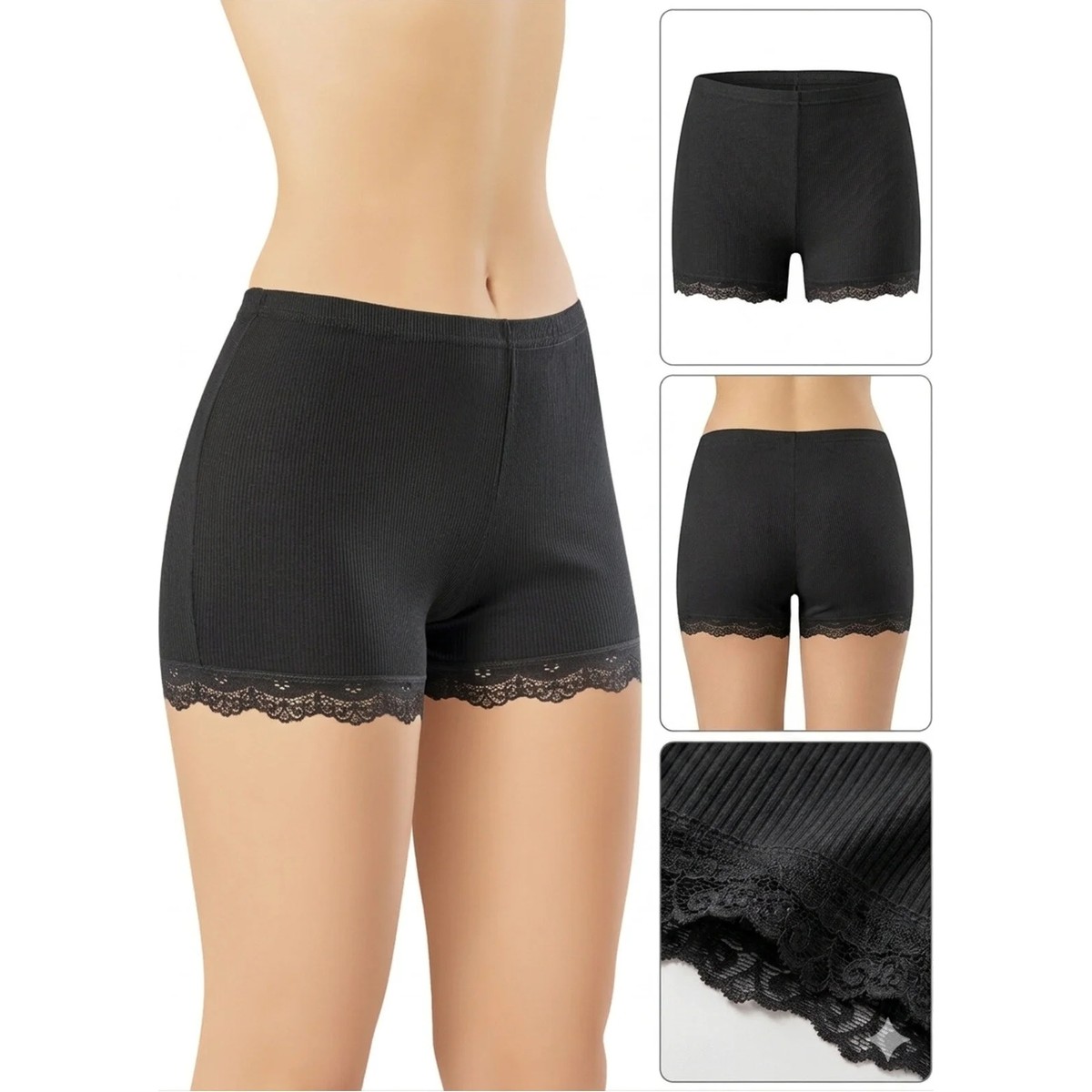 İncili Tekstil Kadın Fitilli Dantelli Boxer Külot 3'lü Set - Pamuklu Esnek Şort Külot Paket (Siyah, Ten, Beyaz) görsel 7