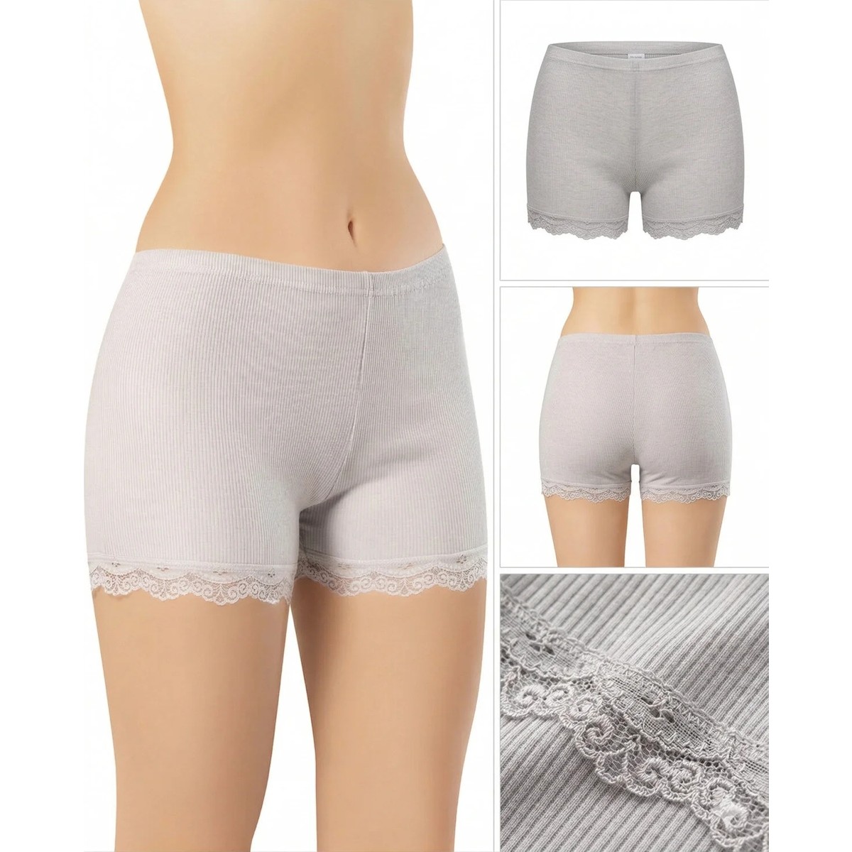 İncili Tekstil Kadın Fitilli Dantelli Boxer Külot 3'lü Set - Pamuklu Esnek Şort Külot Paket (Siyah, Ten, Beyaz) görsel 8