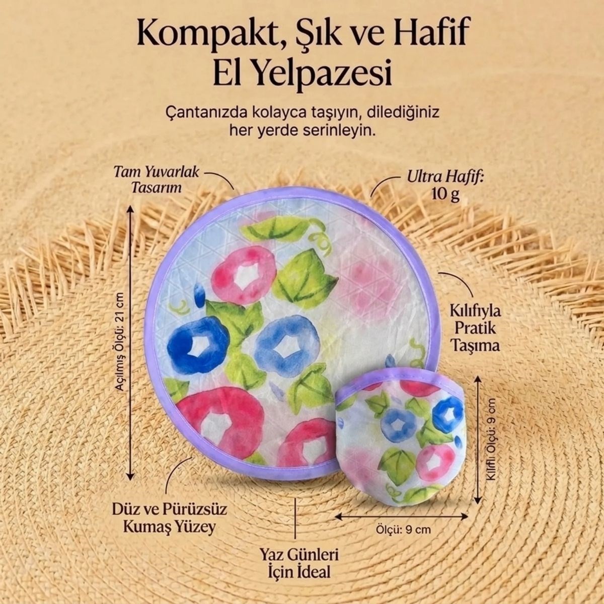 Hace Bazaar Sulu Boya Çiçek Desenli Katlanabilir Cep Yelpazesi - Kılıflı Yuvarlak Kumaş El Yelpazesi (4887 görsel 5