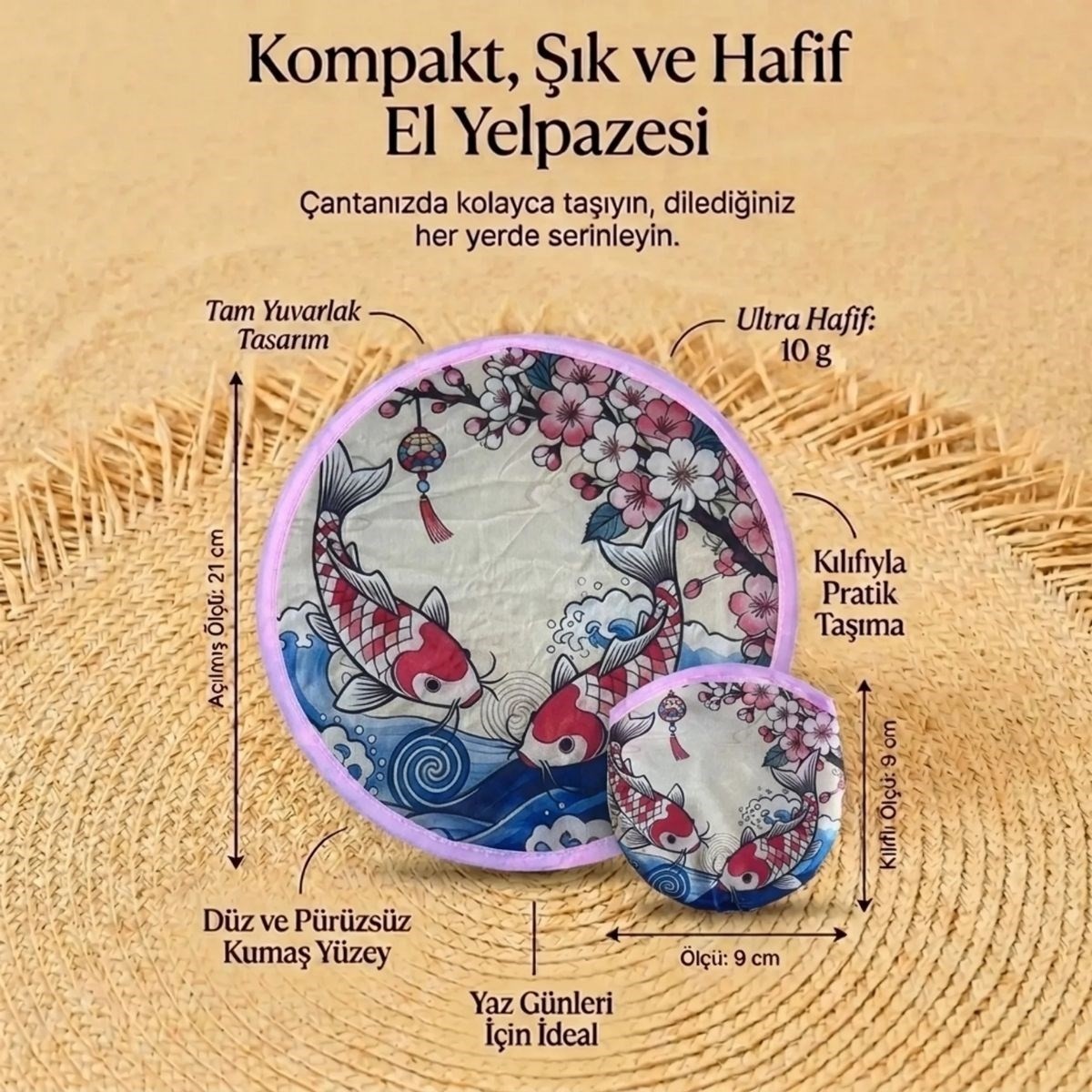 Hace Bazaar Koi Balığı ve Kiraz Çiçeği Desenli Katlanabilir Cep Yelpazesi - Japon Stili Kılıflı El Yelp görsel 5