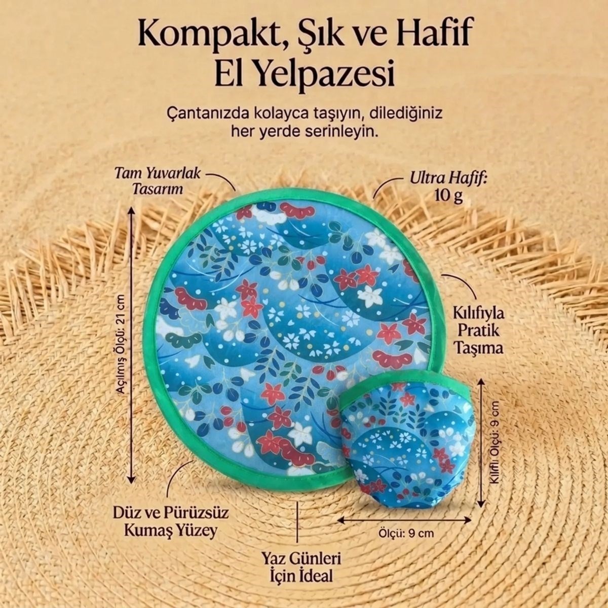 Marsilyan Çiçek ve Yaprak Desenli Katlanabilir Cep Yelpazesi - Kılıflı Yuvarlak Kumaş El Yelpazesi (4887 görsel 5