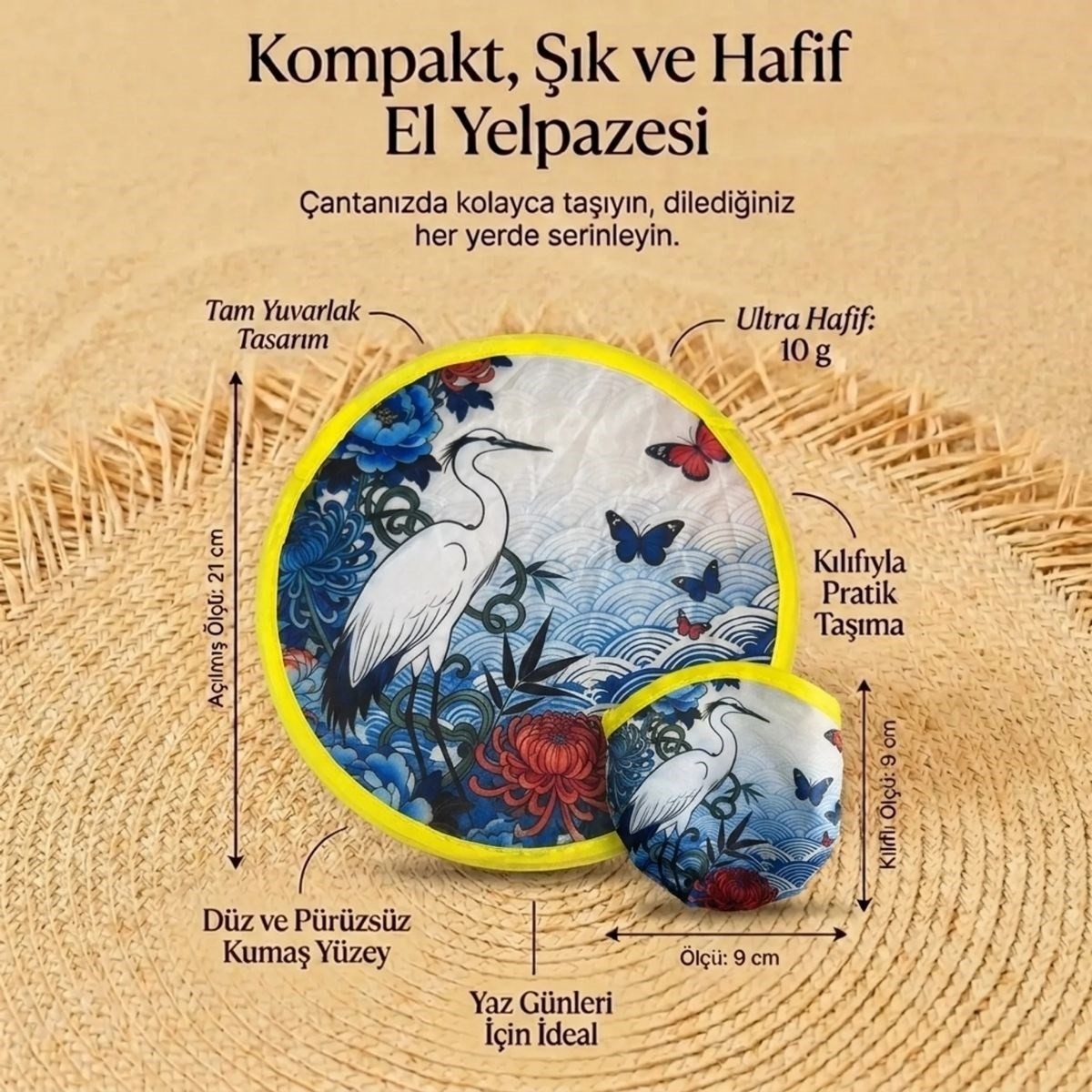 Marsilyan Kuş ve Kelebek Desenli Katlanabilir Cep Yelpazesi - Japon Stili Kılıflı El Yelpazesi (4887) görsel 5