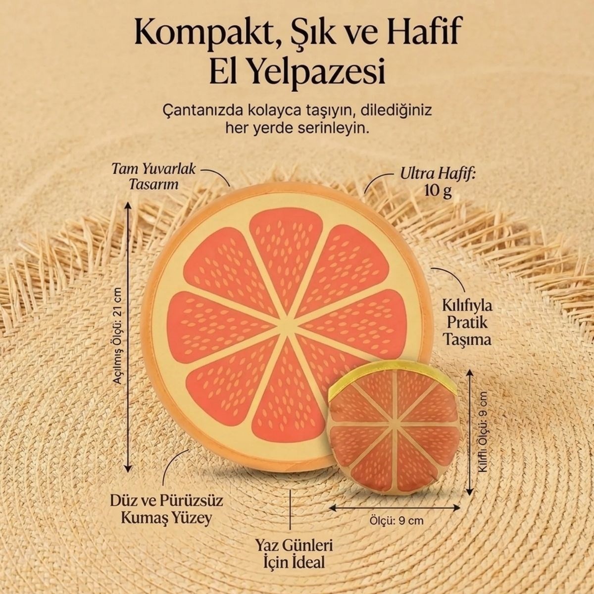 Marsilyan Portakal Dilimi Desenli Katlanabilir Cep Yelpazesi - Kılıflı Yuvarlak Kumaş El Yelpazesi (4887) görsel 5