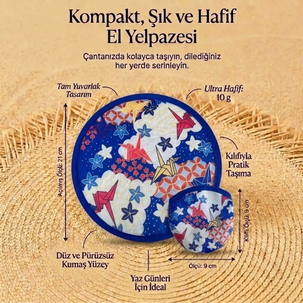 Marsilyan Origami Turna Kuşu Desenli Katlanabilir Cep Yelpazesi - Japon Stili Kılıflı El Yelpazesi (4887) görsel 5