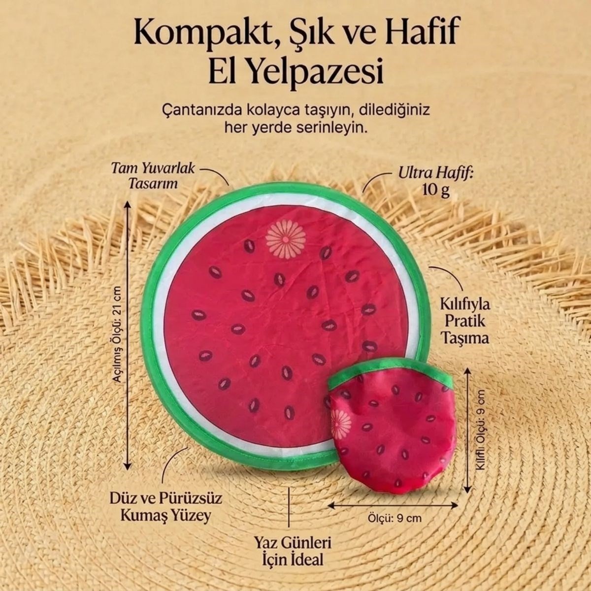 Marsilyan Karpuz Desenli Katlanabilir Cep Yelpazesi - Kılıflı Yuvarlak Kumaş El Yelpazesi (4887) görsel 5