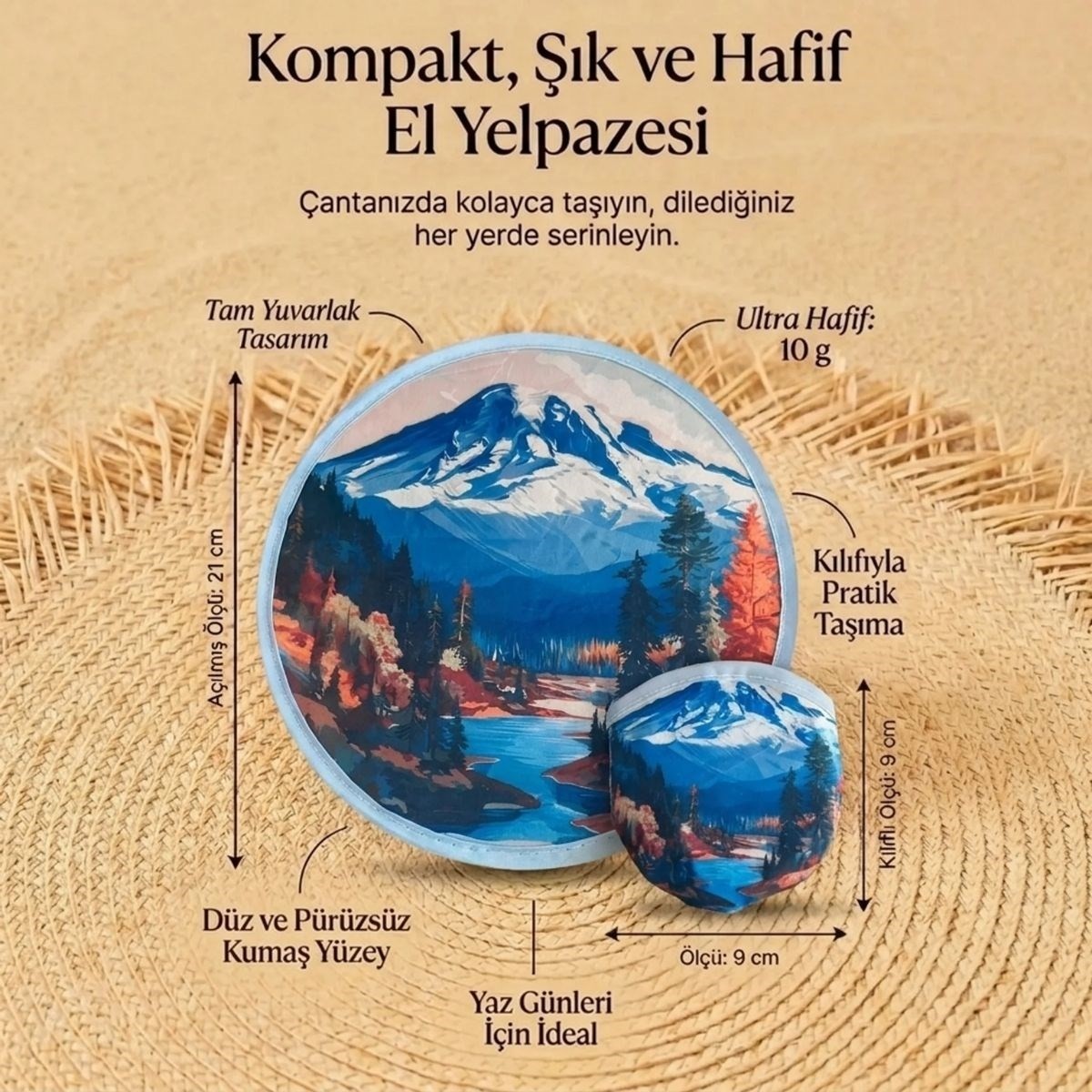 Marsilyan Dağ Manzaralı Katlanabilir Cep Yelpazesi - Kılıflı Yuvarlak Kumaş El Yelpazesi (4887) görsel 5