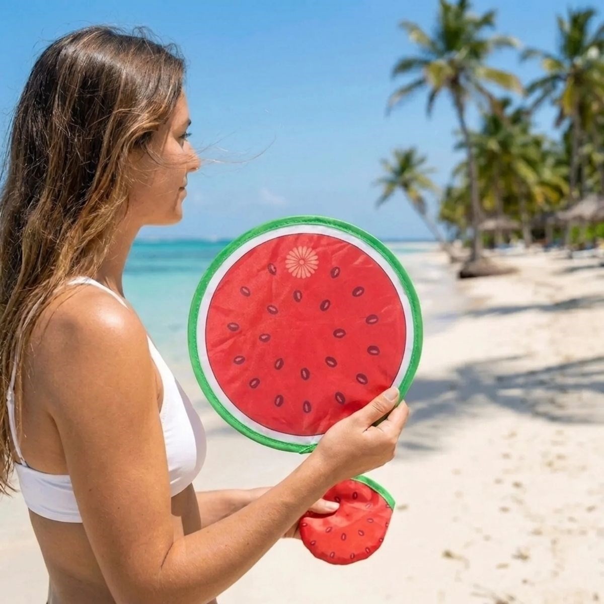 Hace Bazaar Karpuz Desenli Katlanabilir Cep Yelpazesi - Kılıflı Yuvarlak Kumaş El Yelpazesi (4887)