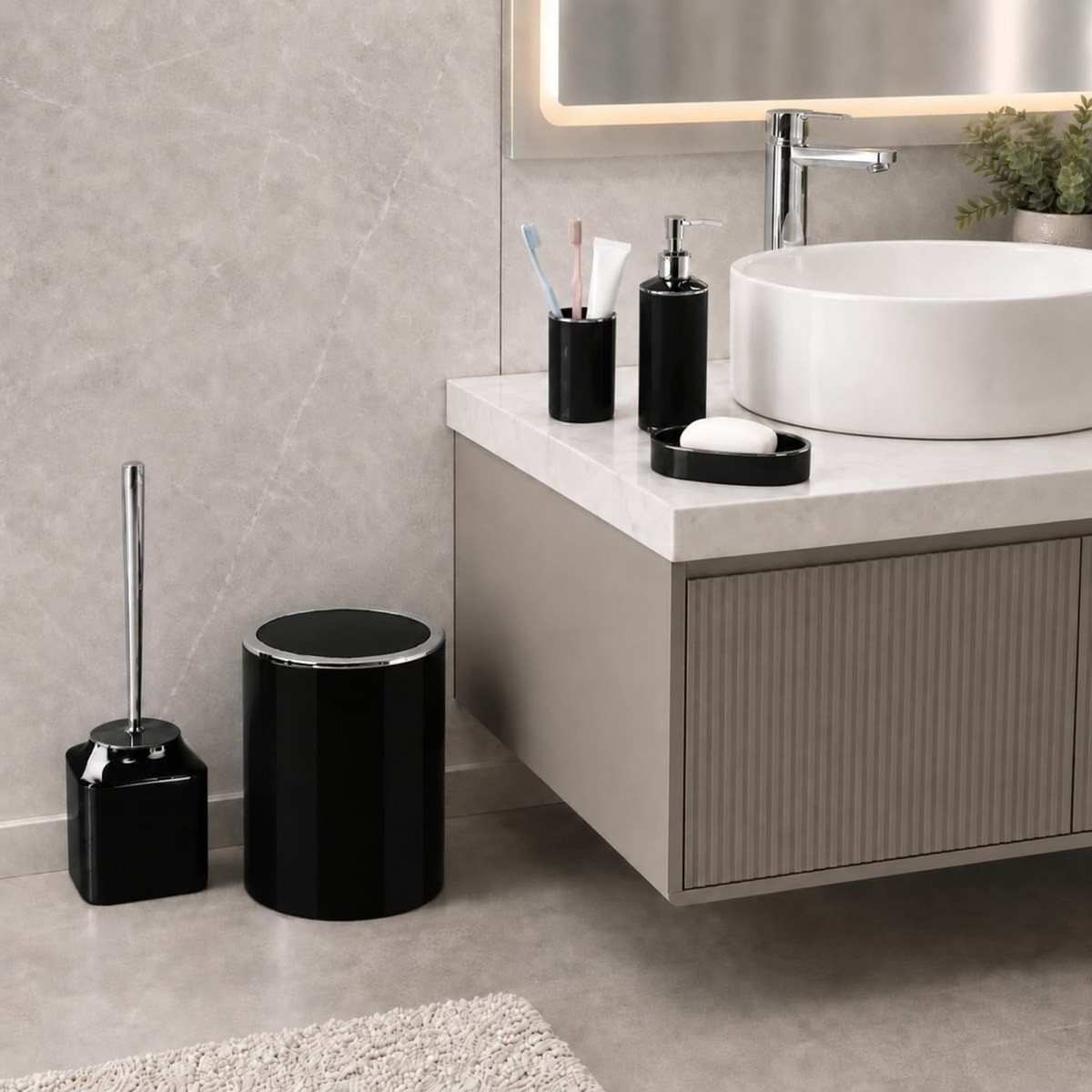 Kabakoz 5li Banyo Seti, Beş Parça Düzenleyici, 5 Litre Çöp Kovası, Tuvalet Fırçası, Sıvı ve Katı Sabunluk, Diş Fırça ve Macunu Kutusu (Siyah) görsel 2
