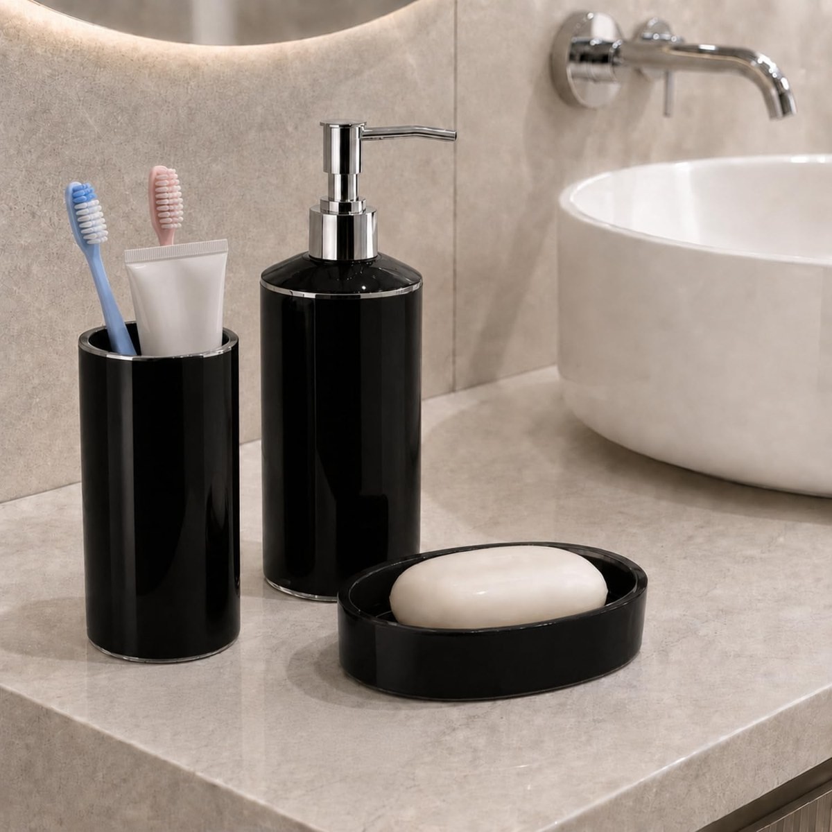 Kabakoz 5li Banyo Seti, Beş Parça Düzenleyici, 5 Litre Çöp Kovası, Tuvalet Fırçası, Sıvı ve Katı Sabunluk, Diş Fırça ve Macunu Kutusu (Siyah) görsel 3