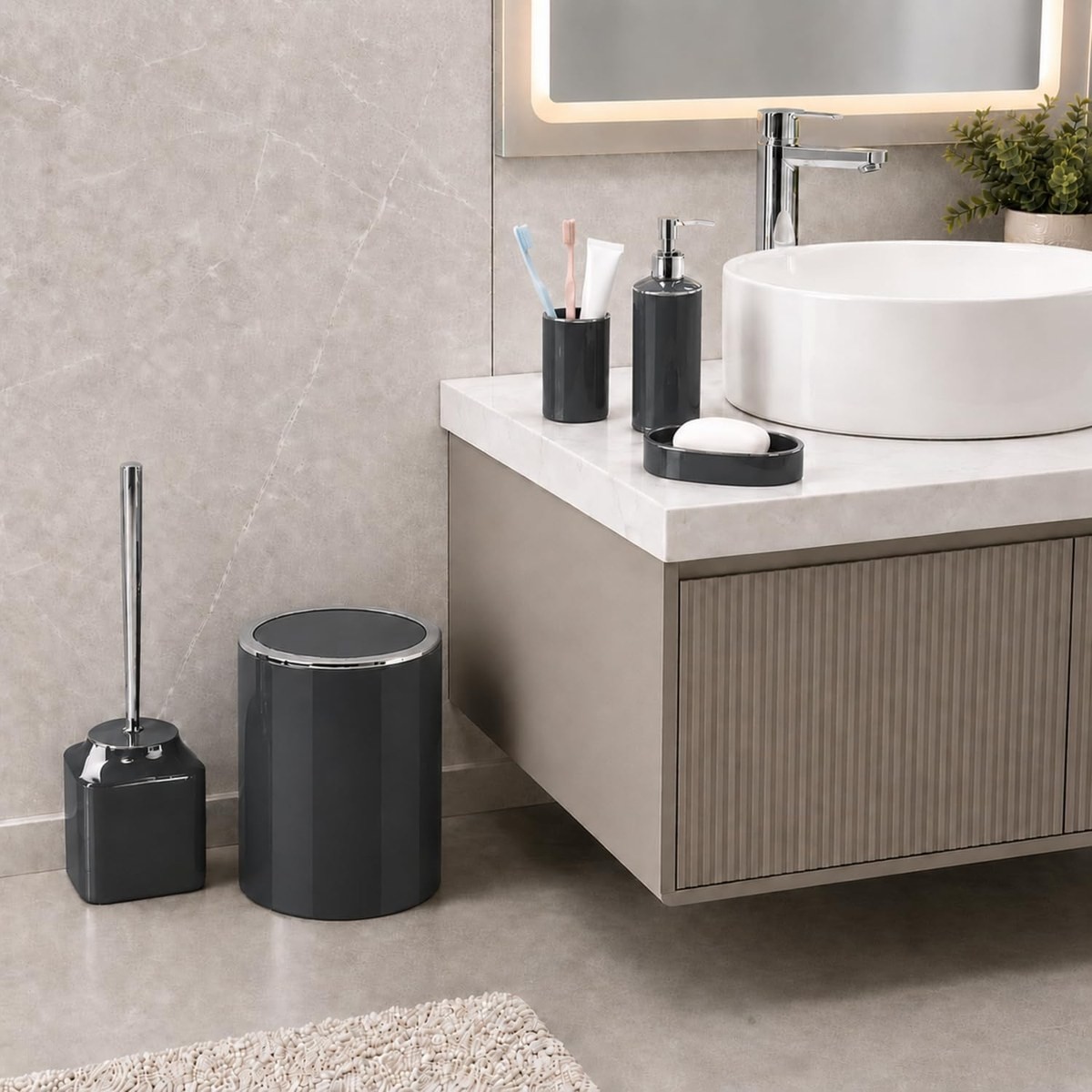 Kabakoz 5li Banyo Seti, Beş Parça Düzenleyici, 5 Litre Çöp Kovası, Tuvalet Fırçası, Sıvı ve Katı Sabunluk, Diş Fırça ve Macunu Kutusu (Antrasit Gri) görsel 2