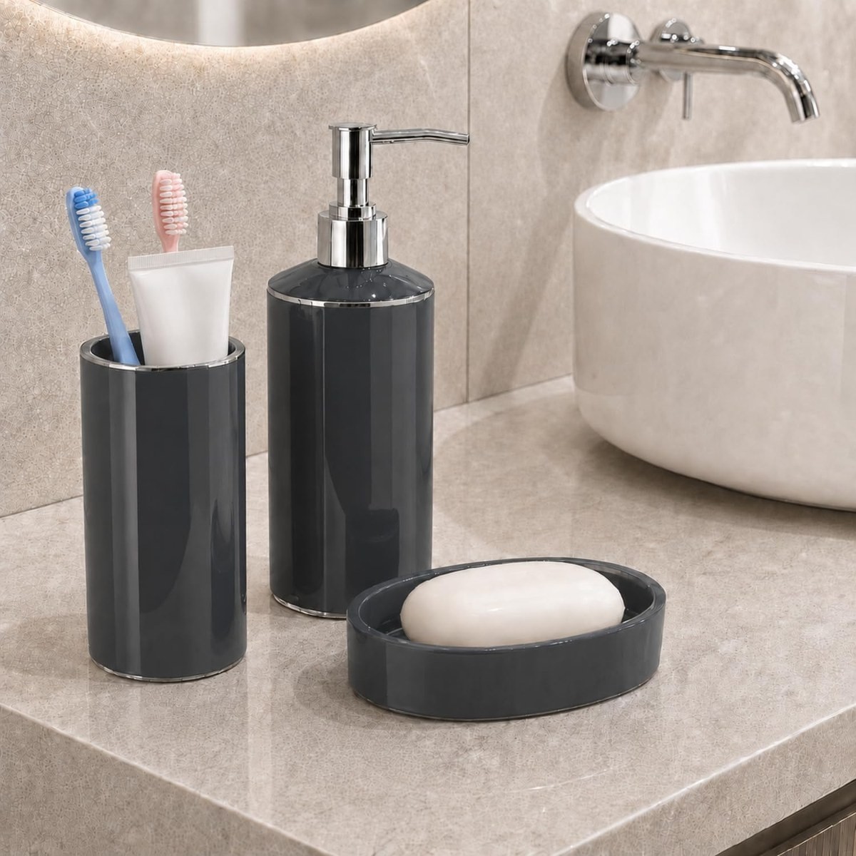 Kabakoz 5li Banyo Seti, Beş Parça Düzenleyici, 5 Litre Çöp Kovası, Tuvalet Fırçası, Sıvı ve Katı Sabunluk, Diş Fırça ve Macunu Kutusu (Antrasit Gri) görsel 3