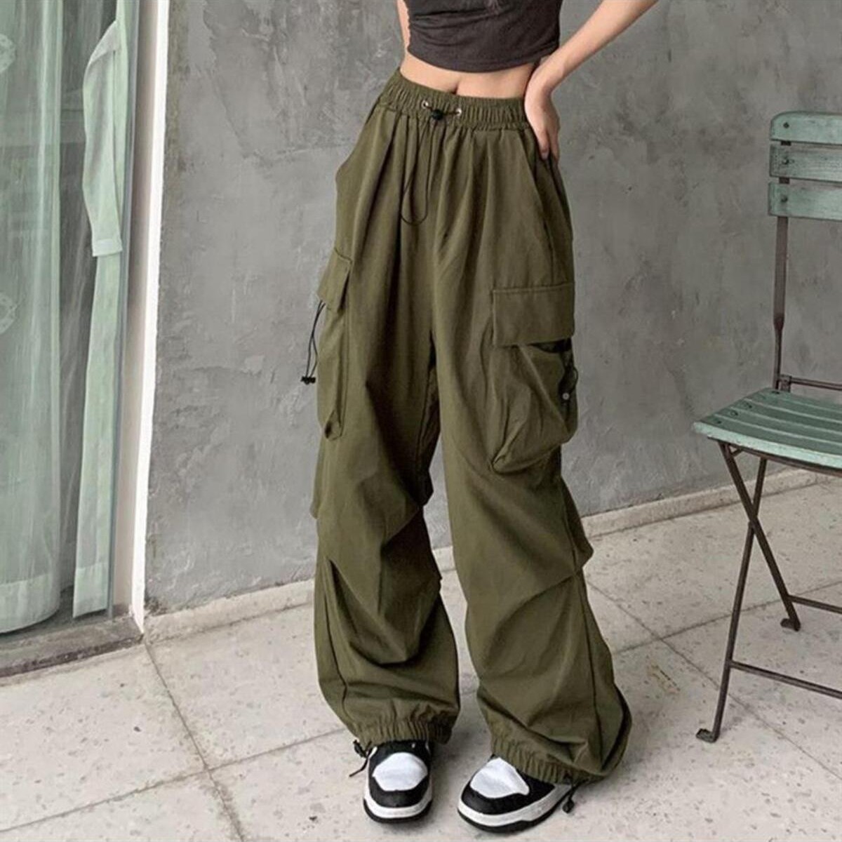 Touz Moda Yeşil Tactical Paraşüt Kumaş Kargo Cepli Oversize Unisex Pantolon görsel 2