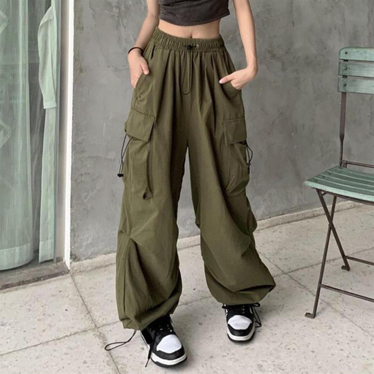Touz Moda Yeşil Tactical Paraşüt Kumaş Kargo Cepli Oversize Unisex Pantolon görsel 3