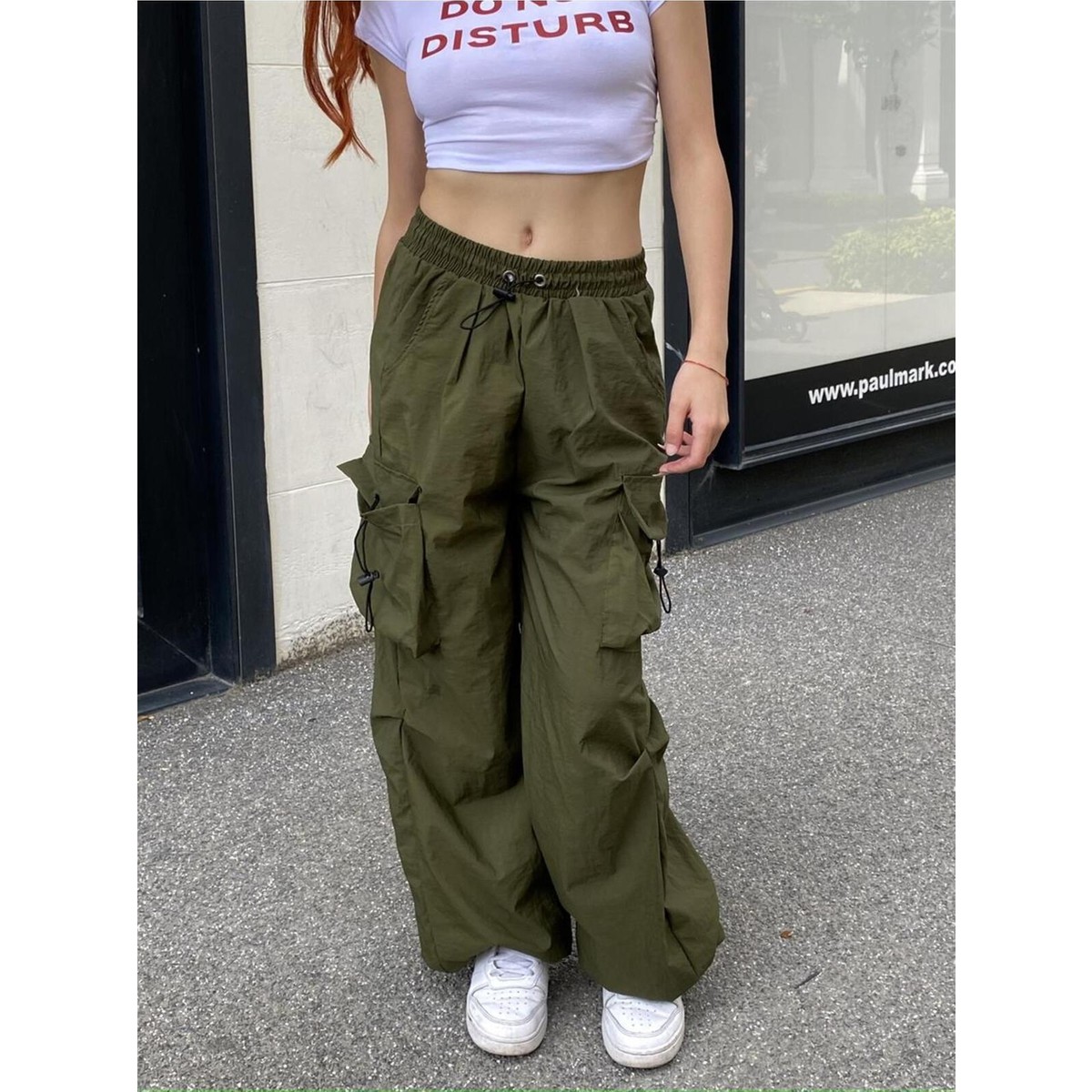 Touz Moda Yeşil Tactical Paraşüt Kumaş Kargo Cepli Oversize Unisex Pantolon görsel 4